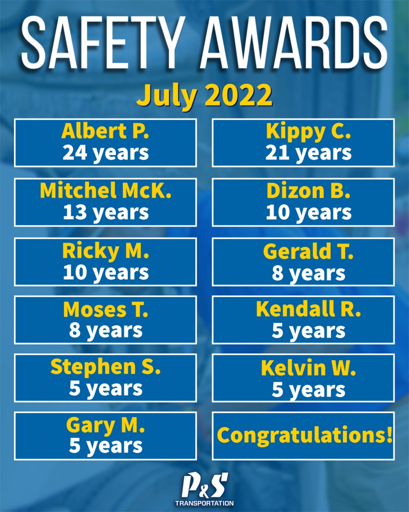 Safety Awards july 2022 - P&S Transportation